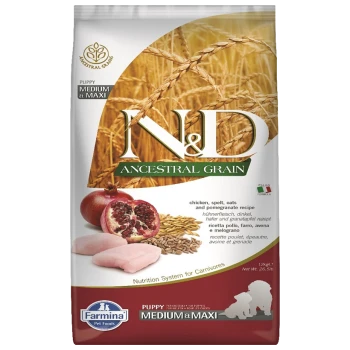 Torba karmy dla szczeniąt N&D Ancestral Grain z kurczakiem, orkisz, owsem i granatem, z obrazkami składników i roszczeniami żywieniowymi.