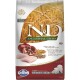 Tüte mit N&D Ancestral Grain Welpenfutter mit Huhn, Dinkel, Hafer und Granatapfel, mit Bildern der Zutaten und Nährwertangaben.