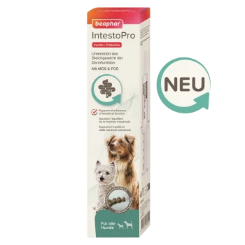 Emballage Beaphar IntestoPro pour chiens, présentant un chien et un petit chien à l'avant, avec un texte mettant en avant le soutien intestinal et la saveur de poulet.