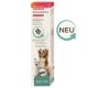 Beaphar IntestoPro Verpackung für Hunde, mit einem Hund und einem kleinen Hund auf der Vorderseite, mit Text, der die Unterstützung des Verdauungssystems und den Geschmack von Huhn hervorhebt.
