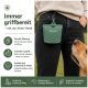 Grüner Romneys-Leckerli-Beutel an einer Jeans befestigt mit Pfotenlogo, Hund schaut nach oben; Text ‚Immer griffbereit – mit nur einer Hand‘.