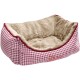 Ein gemütliches Haustierbett mit einem rot-weißen Karomuster und einem plüschigen beigen Innenraum, bestickt mit "Hunter."