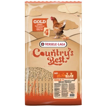 Un sac de 5 kg de granulés Versele-Laga Country's Best GOLD 4 Gallico pour poules pondeuses, avec une illustration de poule brune et des informations nutritionnelles.