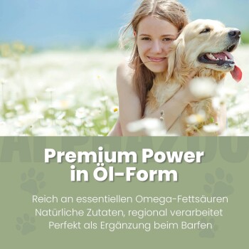 Flachsölflasche mit dem Etikett 'ALPHAZOO Care' mit Vorteilen: Omega 3 & 6 Fettsäuren, kaltgepresst, hochenergetische Quelle für Hunde und Katzen.