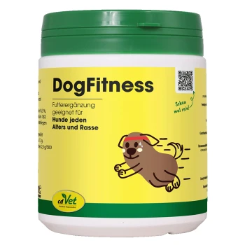 Behälter von cdVet Dogfitness, einem natürlichen Haustier-Nahrungsergänzungsmittel, mit einem grünen Deckel, gelbem Etikett und einer Hundillustration.