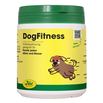 Behälter von cdVet Dogfitness, einem natürlichen Haustier-Nahrungsergänzungsmittel, mit einem grünen Deckel, gelbem Etikett und einer Hundillustration.