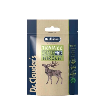 Verpackung von Dr. Clauder's Trainee Snack Minis mit einem Elchgrafik, beschriftet mit "100% Wild", mit den Texten "High Premium" und "Freshlock".