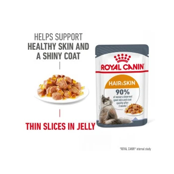 Royal Canin Hair & Skin cat food pouch with jelly slices promotes healthy skin and shiny coats; 90% of owners see improvement in 3 weeks.