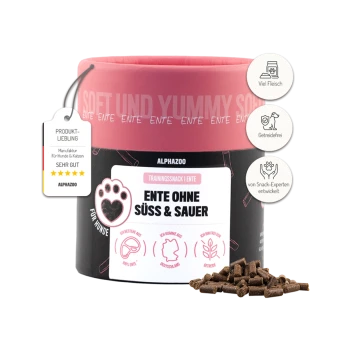 Trainingssnack für Hunde, "Ente ohne süß & sauer" von Alphazoo, mit einem rosa Behälter, wichtigen Details zu den Zutaten und einer 4-Sterne-Bewertung.