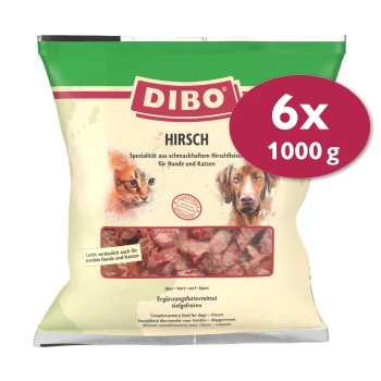 DIBO Hirsch-Hundefutterverpackung, die gefrorenes Rehfleisch für Hunde und Katzen zeigt, beschriftet mit 6x 1000 g, mit einer Illustration von Katze und Hund.