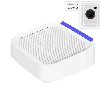 Ein weißes Haustierpflegegerät mit einer strukturierten Oberfläche und einem blauen Akzent, beschriftet mit 'Mercury Zubehör' in der Ecke.