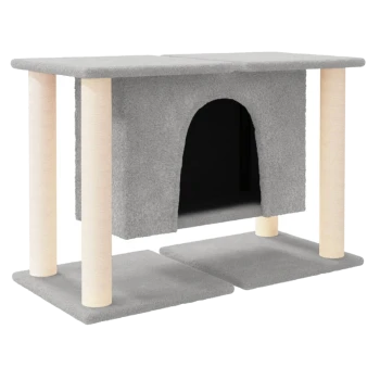 Grau Katzenbaum mit einem höhlenartigen Eingang, zwei Kratzpfosten und flachen Plattformen zum Entspannen.