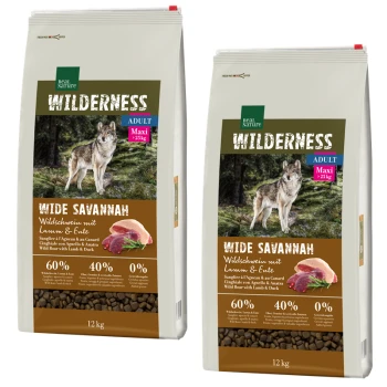 Zwei 12 kg Tüten von "Wilderness Wide Savannah" Hundefutter mit Wildschwein, Lamm und Ente; 60% Fleisch, 40% Früchte/Gemüse, 0% Getreide.