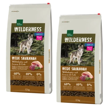 Two 12 kg bags of "Wilderness Wide Savannah" dog food with wild boar, lamb, and duck; 60% meat, 40% fruits/vegetables, 0% grains.