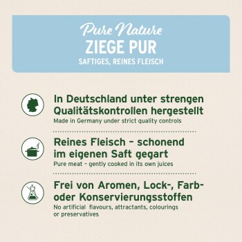 Pure Nature Ziege Pur Produktetikett, das Informationen über Qualitätskontrollen, Kochmethoden und das Fehlen von künstlichen Zusatzstoffen enthält.