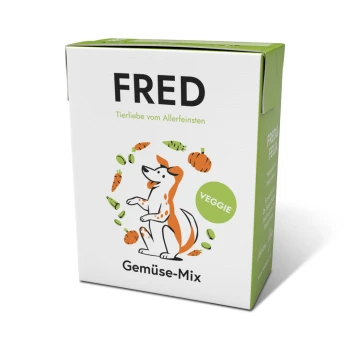 Eine Box mit FRED Gemüse-Mix für Hunde, mit einer verspielten Hundillustration, dem Text "FRED" und "Gemüse-Mix" sowie einem grünen "VEGGIE"-Label.