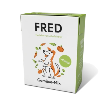 Eine Box mit FRED Gemüse-Mix für Hunde, mit einer verspielten Hundillustration, dem Text "FRED" und "Gemüse-Mix" sowie einem grünen "VEGGIE"-Label.