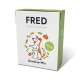 Eine Box mit FRED Gemüse-Mix für Hunde, mit einer verspielten Hundillustration, dem Text "FRED" und "Gemüse-Mix" sowie einem grünen "VEGGIE"-Label.