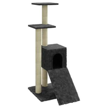 Schwarzer Katzenbaum mit zwei hohen Kratzpfosten, zwei Plattformen und einem gemütlichen Versteck mit einer Rampe.