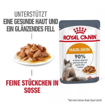 Hair & Skin in Soße 12x85 g Royal Canin Hair & Skin Katzenfutterbeutel mit Nassfutter, das die Haut- und Fellgesundheit hervorhebt und 90% Besitzerzufriedenheit nach 3 Wochen.