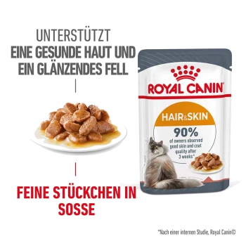 Royal Canin Hair & Skin Katzenfutterbeutel mit Nassfutter, das die Haut- und Fellgesundheit hervorhebt und 90% Besitzerzufriedenheit nach 3 Wochen.