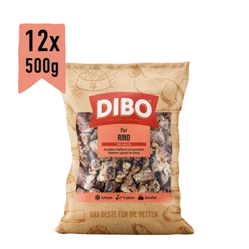 DIBO Katzenfutterverpackung mit gemischtem Rindfleisch für Katzen, 12 Packungen zu je 500 g, mit einem Katzenbild und Text in Deutsch und Englisch.