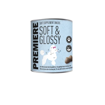 Premiere Soft & Glossy weiche Ergänzungssnacks für Hunde, blaue Dose mit Pudel-Illustration und Bild von Kroketten.
