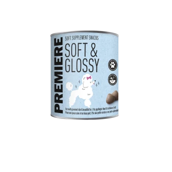 Premiere Soft & Glossy zachte supplementensnacks voor honden, blauwe bus met afbeelding van een poedel en brokjes.