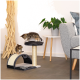 Zwei verspielte Kätzchen erkunden einen mehrstöckigen Kratzbaum mit einem Kratzpfosten und einem hängenden Spielzeug, in einem gemütlichen Wohnzimmer.