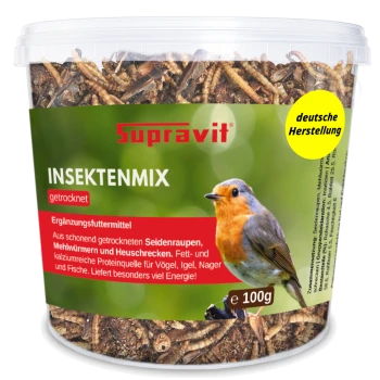Dose Supravit Insektenmix (getrocknet) mit Rotkehlchen-Bild, sichtbaren getrockneten Mehlwürmern, 'Deutsche Herstellung'-Abzeichen, 100 g.