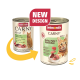Twee blikken Animonda Carny kattenvoer met oud en nieuw ontwerp en tekst "NIEUW ONTWERP", met kip, kalkoen en konijn.