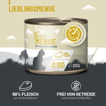 Dosenfutter für Haustiere mit der Aufschrift 'Lieblingsmenue' mit Wachtel und Birne, mit 98% Fleisch, getreidefrei und ohne zugesetzten Zucker oder Füllstoffe.