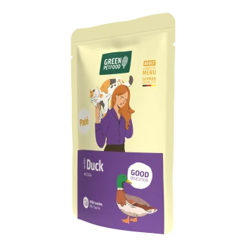 Green Petfood Adult Katzenpâté-Beutel, Enten-Geschmack; Illustration einer Frau mit Katze, sichtbarer Text 'Pâté', 'mit Ente' und 'GUTE VERDAUUNG'.