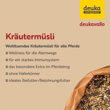 Kräutermüsli-Verpackung für Pferde, mit Text über Wellness für die Atemgesundheit, Immununterstützung und ohne Getreide.