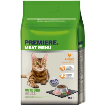 Katzenfuttertüte beschriftet mit 'Premiere Meat Menu', mit einer getigerten Katze, mit '55% Geflügel' und 'Outdoor Adult' Text.