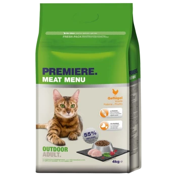 Sac de nourriture pour chats étiqueté "Premiere Meat Menu" présentant un chat tigré, avec le texte "55 % Geflügel" (Volaille) et "Outdoor Adult".