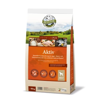 Tüte mit "Aktiv" Hundefutter von Bellfor, das Huhn, Fisch und Reis zeigt und die Ernährung für aktive Hunde betont.
