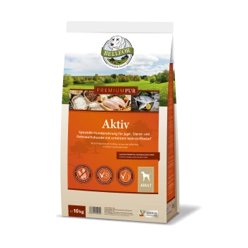 Tüte mit "Aktiv" Hundefutter von Bellfor, das Huhn, Fisch und Reis zeigt und die Ernährung für aktive Hunde betont.