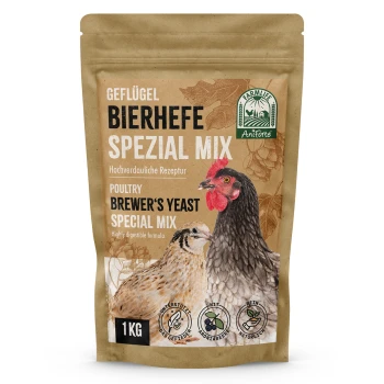 FarmLife Geflügel Bierhefe Spezial Mix 1kg Verpackung von Geflügel-Brauerhefe-Spezialmix mit einem Hahn und einer Henne, beschriftet "1KG", mit Text, der die hochverdauliche Formel hervorhebt.