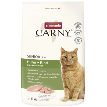Verpackung für Katzenfutter mit "animonda CARNY SENIOR 7+" mit Huhn- und Rindfleischgeschmack. Wichtige Vorteile sind die Unterstützung des Immunsystems und die Gelenkgesundheit.