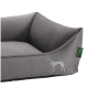 Grau Hundebett mit erhöhten Rändern, das ein gesticktes Greyhound-Design und ein grünes "HUNTER"-Etikett zeigt.