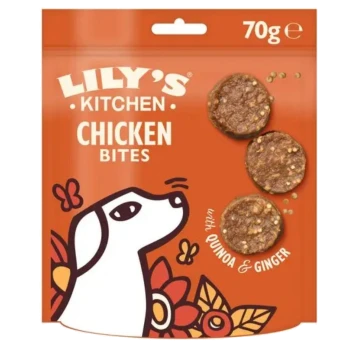 Orange package of Lily's Kitchen Chicken Bites dog treats with quinoa and ginger, 70g, featuring a white dog illustration.