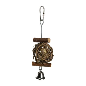 willow ball with bell Hanging bird toy featuring a woven ball of twigs and a small bell at the bottom, designed for pet birds to play with.