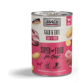 Puszka MAC's Super Food for Dogs, smak cielęcina i kaczka, bez zbóż, o wysokiej zawartości mięsa, wyprodukowana w Niemczech, dla dorosłych psów.