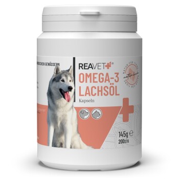 Behälter mit REAVET Omega-3 Lachsölkapseln für Haustiere, mit einem Husky-Hund auf dem Etikett, mit Text auf Deutsch.