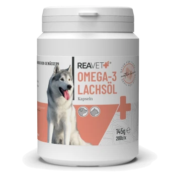 Behälter mit REAVET Omega-3 Lachsölkapseln für Haustiere, mit einem Husky-Hund auf dem Etikett, mit Text auf Deutsch.