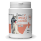 Behälter mit REAVET Omega-3 Lachsölkapseln für Haustiere, mit einem Husky-Hund auf dem Etikett, mit Text auf Deutsch.