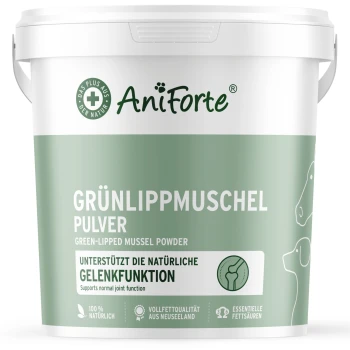 Behälter mit AniForte Grünlippmuschel-Pulver, auf Deutsch beschriftet, das die Gelenkunterstützung für Haustiere fördert, mit einem grünen und weißen Design.