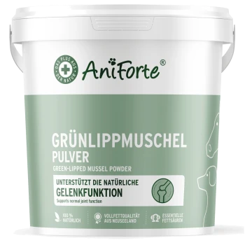 Behälter mit AniForte Grünlippmuschel-Pulver, auf Deutsch beschriftet, das die Gelenkunterstützung für Haustiere fördert, mit einem grünen und weißen Design.