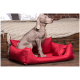 Ein hellgrauer Weimaraner sitzt auf einem leuchtend roten Haustierbett mit seitlichen Kissen, vor dem Hintergrund eines gemütlichen Bettes und einer gestrickten Decke.